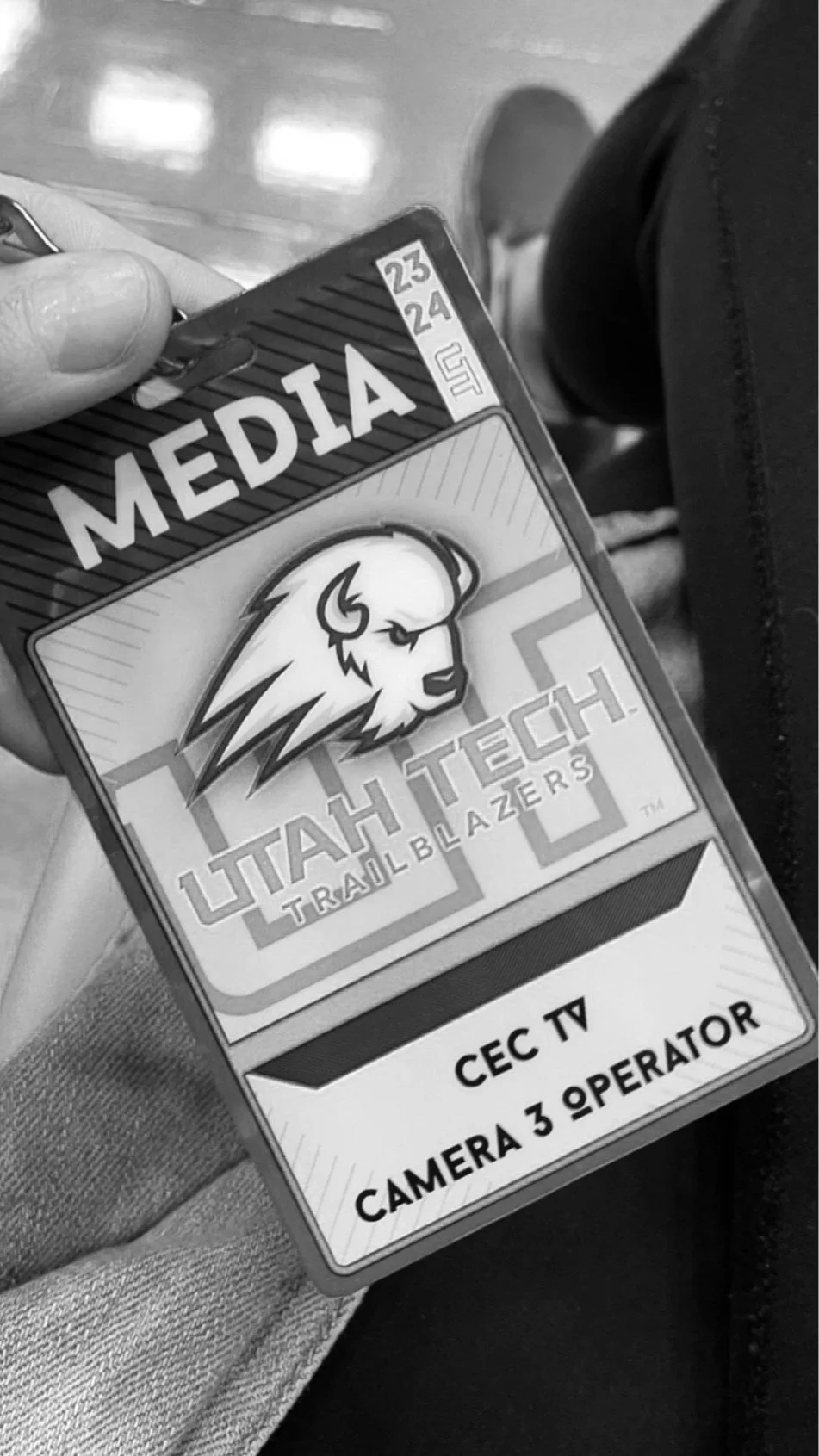 Black and white media badge with 'Utah Tech Trailblazers' logo and text reading 'CEC TV Camera 3 Operator.'