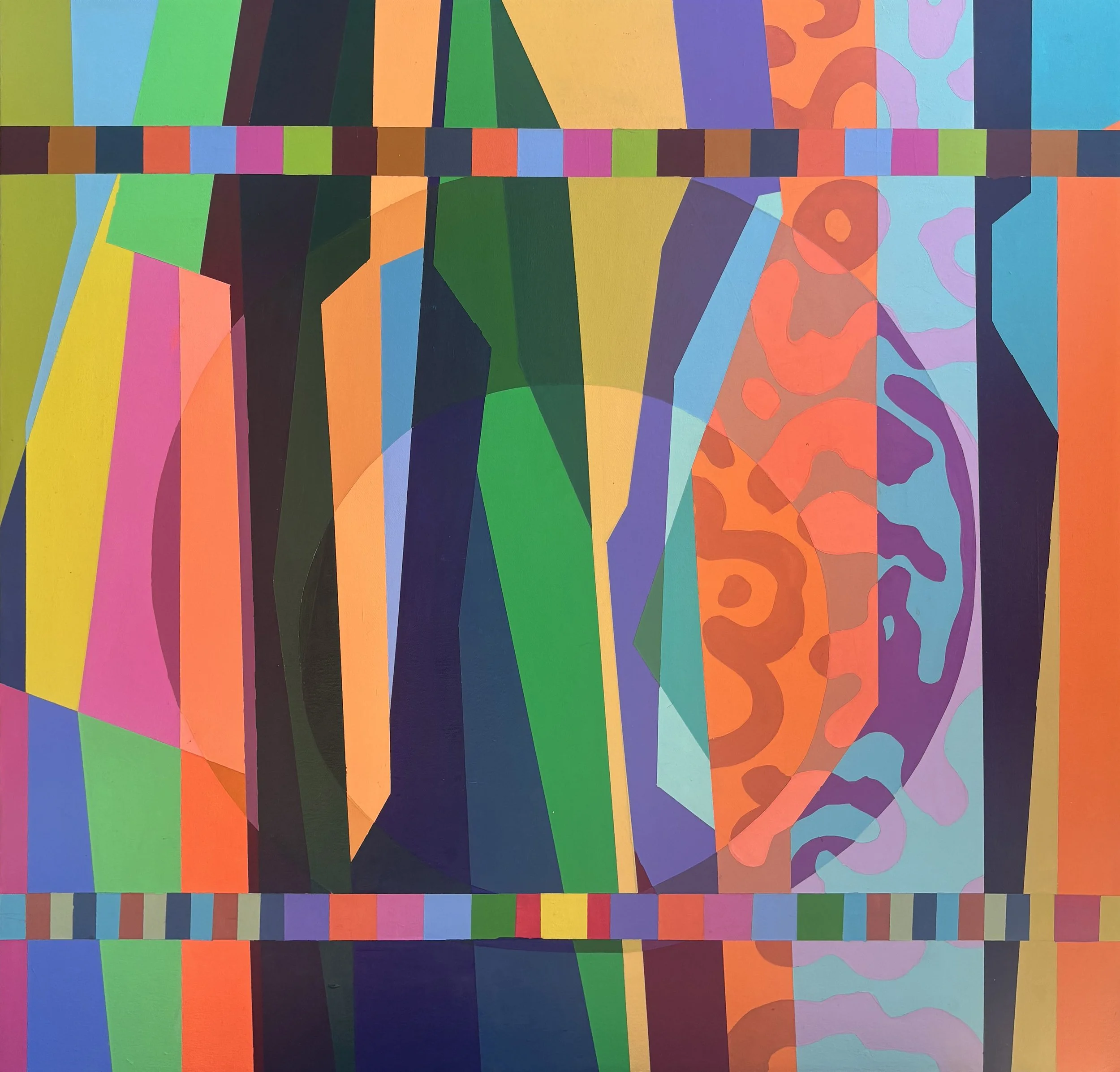 In the Beginning, 
acrylic on canvas
24" x 24" (60cm x 60cm) 2025 $2,500
This is a transition piece, recently I have been adding several new elements to my paintings. The two major additions are small blocks of color schemes and patterns. These addit