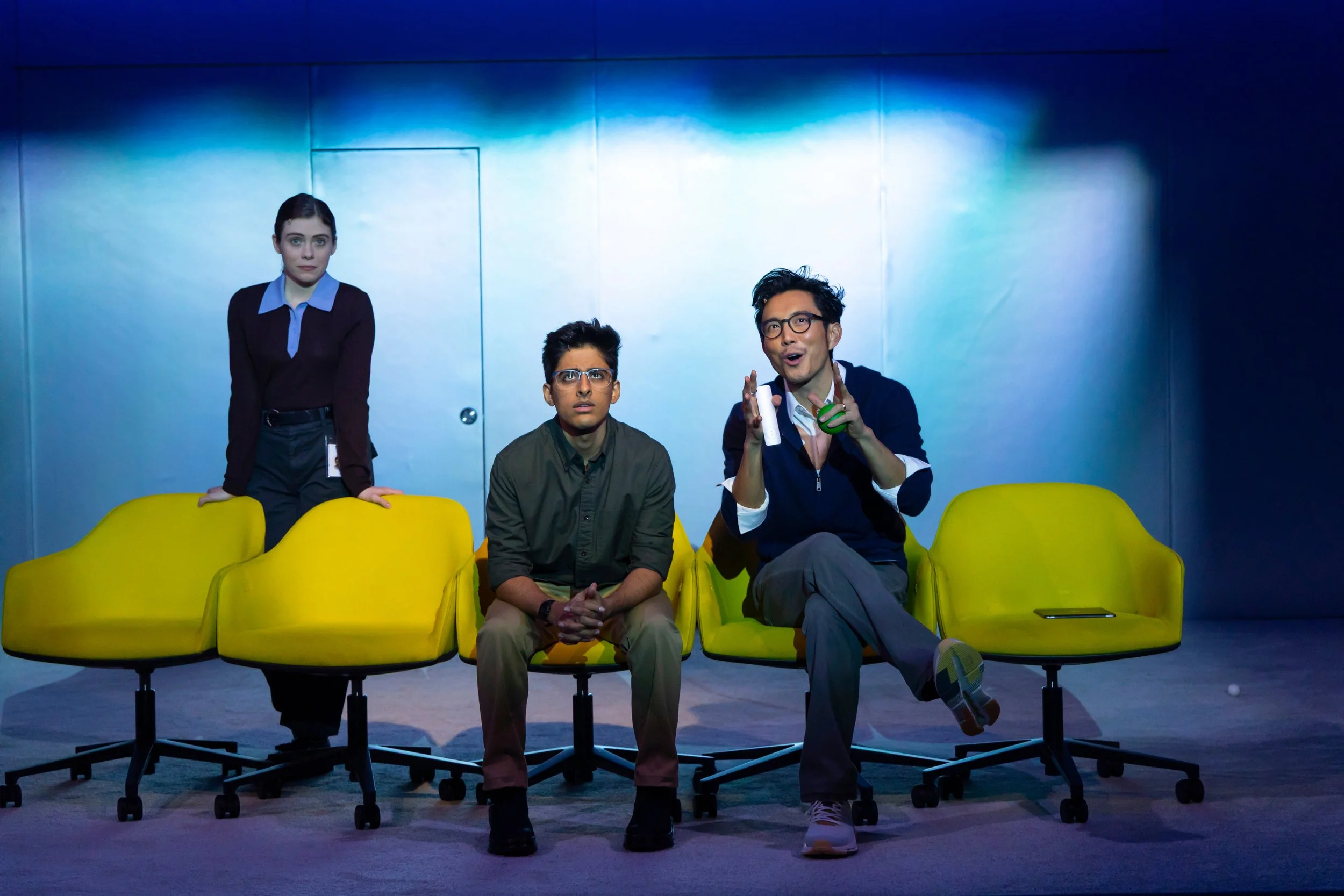 Karan Brar, Sophia Lillis and Justin H. Min in DATA at the Lucille Lortel Theatre