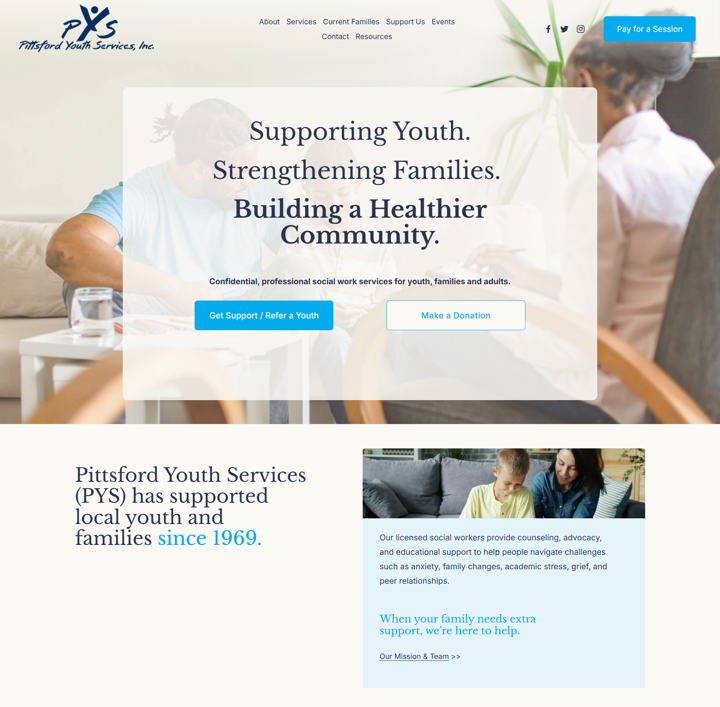 Youth services non profit website redesign homepage
