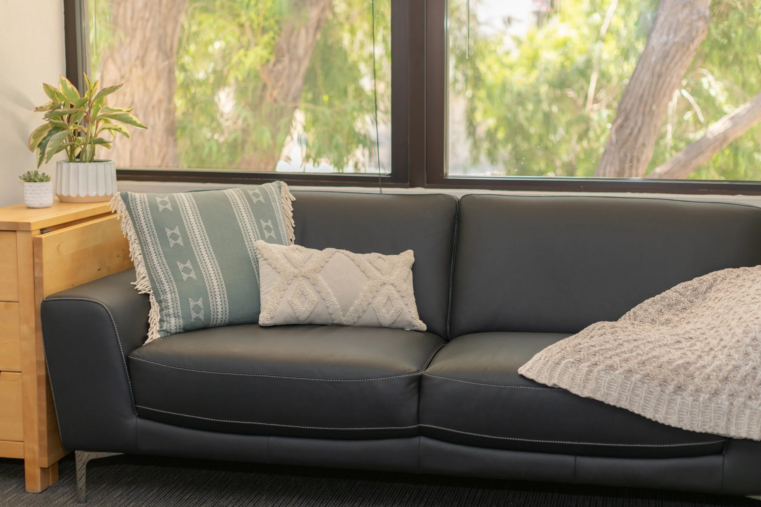 A cozy living room corner with a black leather sofa, decorative cushions, a wooden side table with potted plants, and large windows showing green trees outside.
