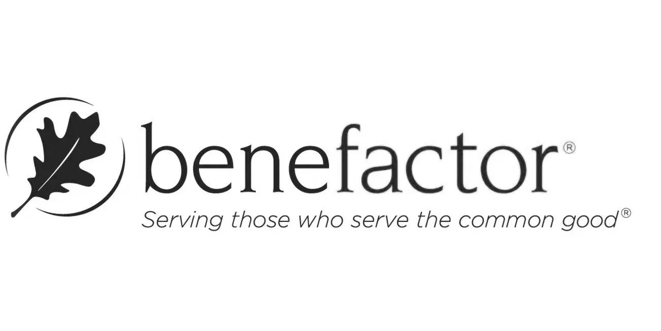 benefactor "serving those who serve the common good" logo with a leaf and an encompassing circle 
