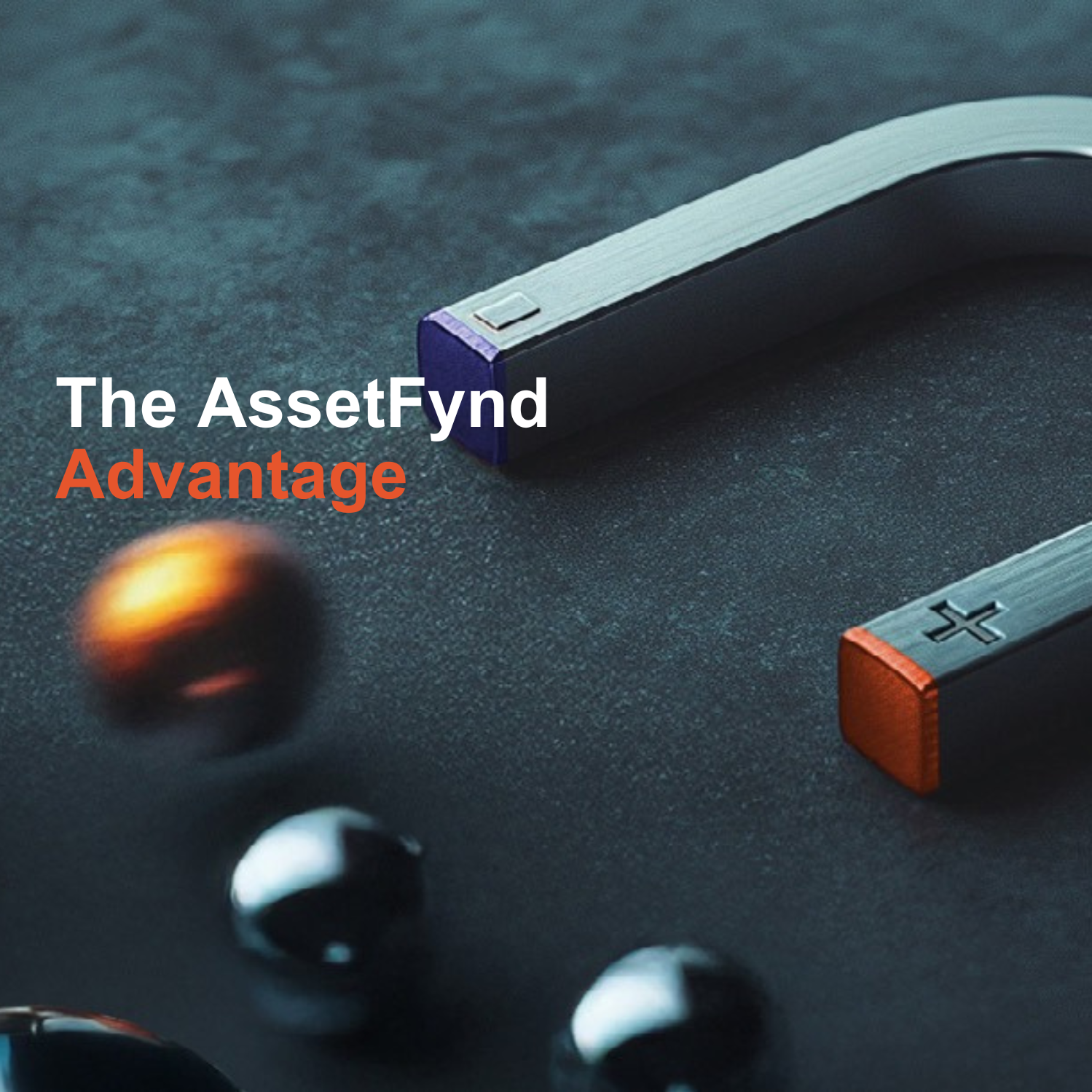 Close-up of a pair of Nintendo Switch Joy-Con controllers, one blue and one red, on a dark surface with three small black and orange balls near the controllers. Overlaid text reads "The AssetFynd Advantage."