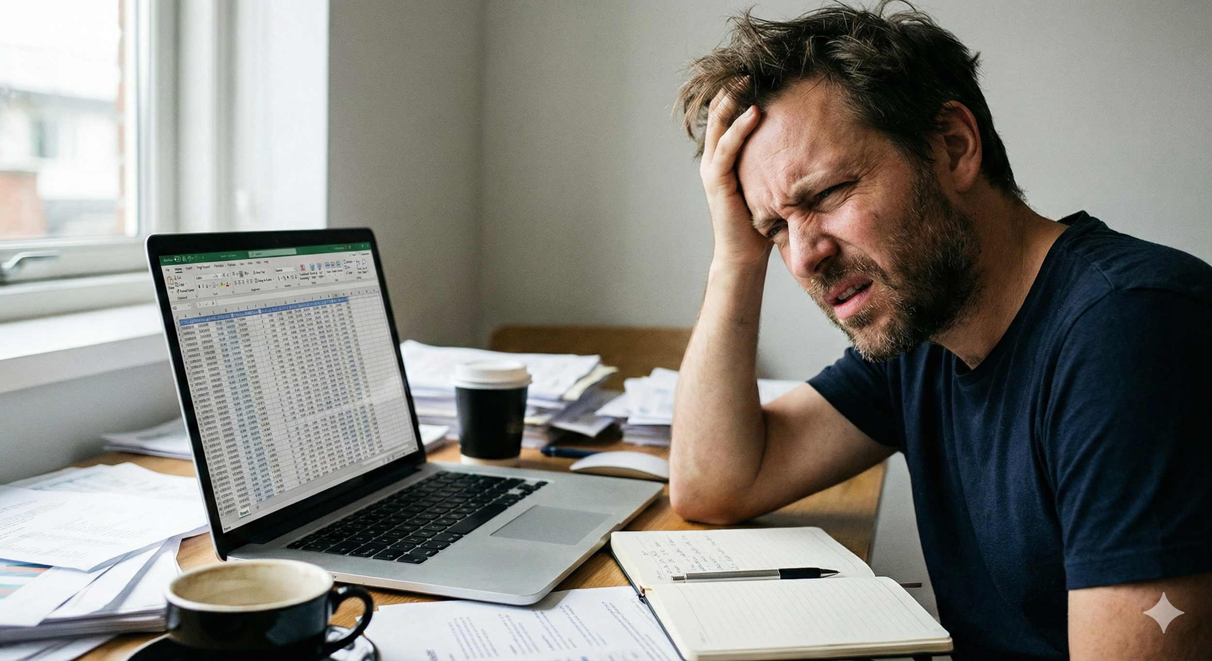 Frustrated professional analyzing spreadsheet with data