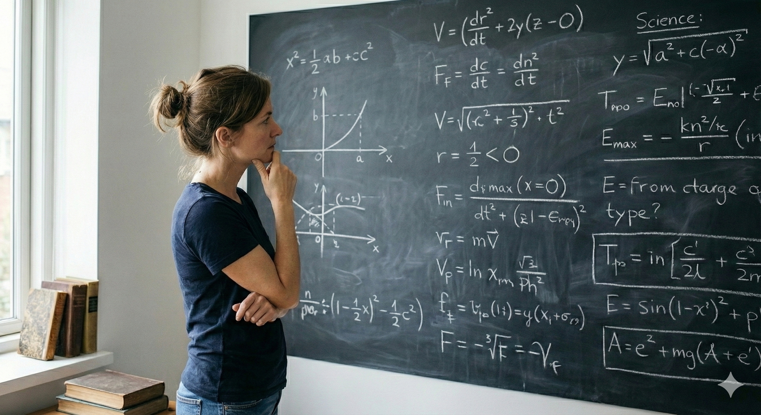 Professional analyzing complex formulas and data on a blackboard