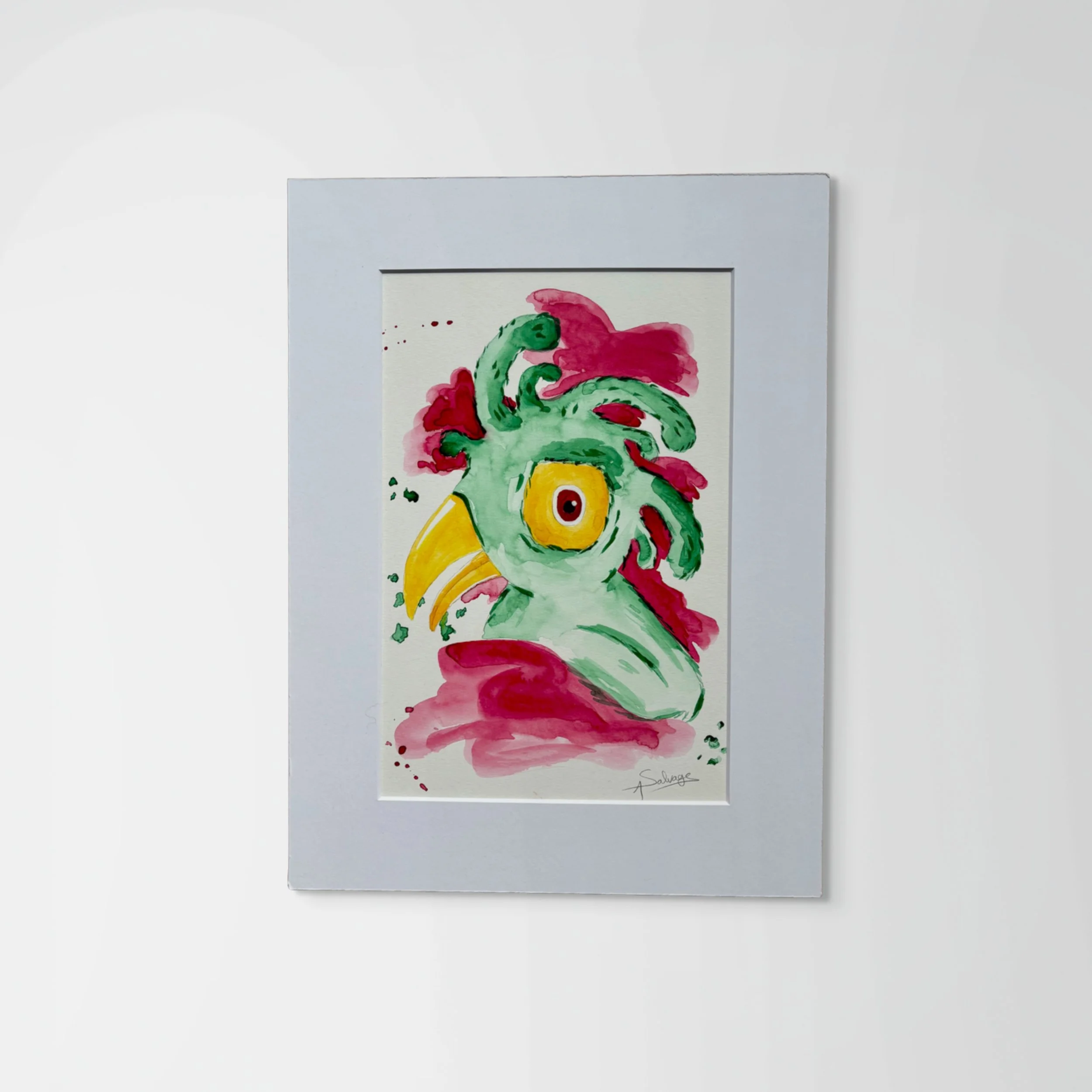 Bird IX by Axelle Salvage - Dynamic green bird with upward-flowing pink plumage in watercolor - Watercolor on paper - 2025