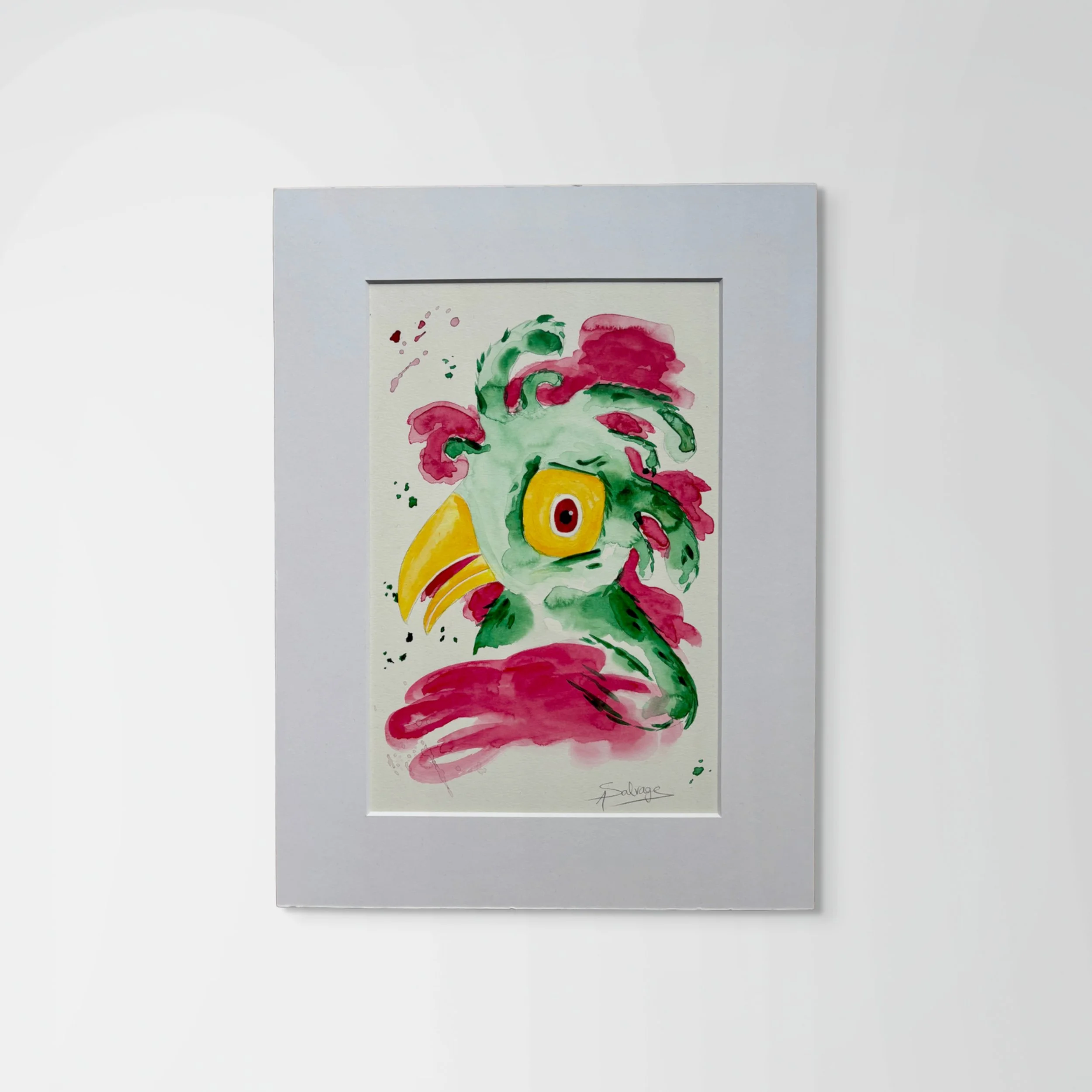 ird VII by Axelle Salvage - Whimsical green and pink watercolor bird with yellow beak - Watercolor on paper - 2025