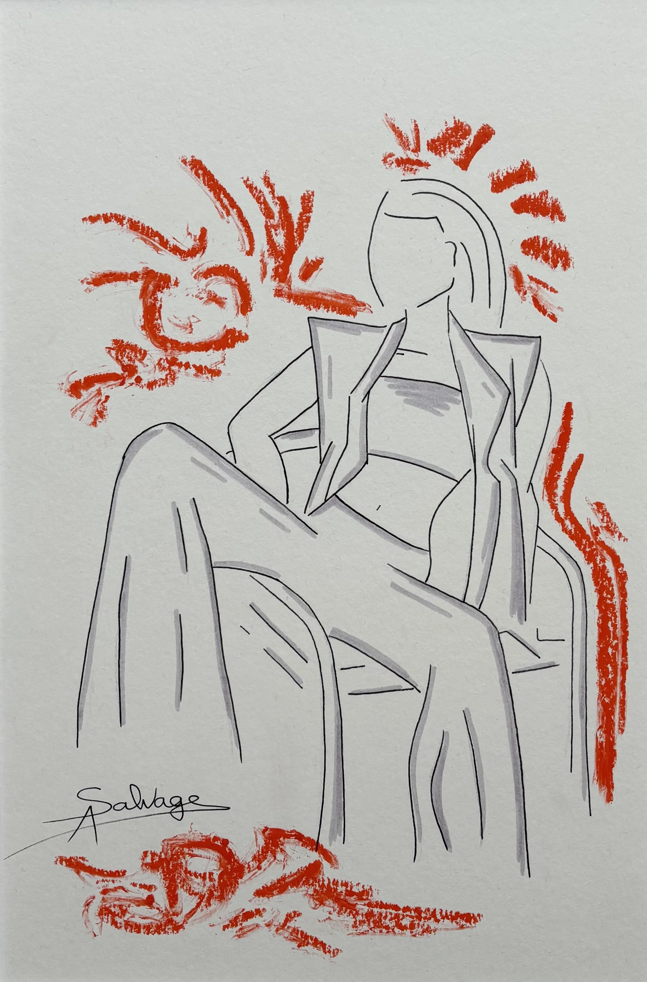 Girl I by Axelle Salvage - Minimalist pen sketch of seated woman with red-orange oil pastel bursts on white background - Mixed media on paper - 2025