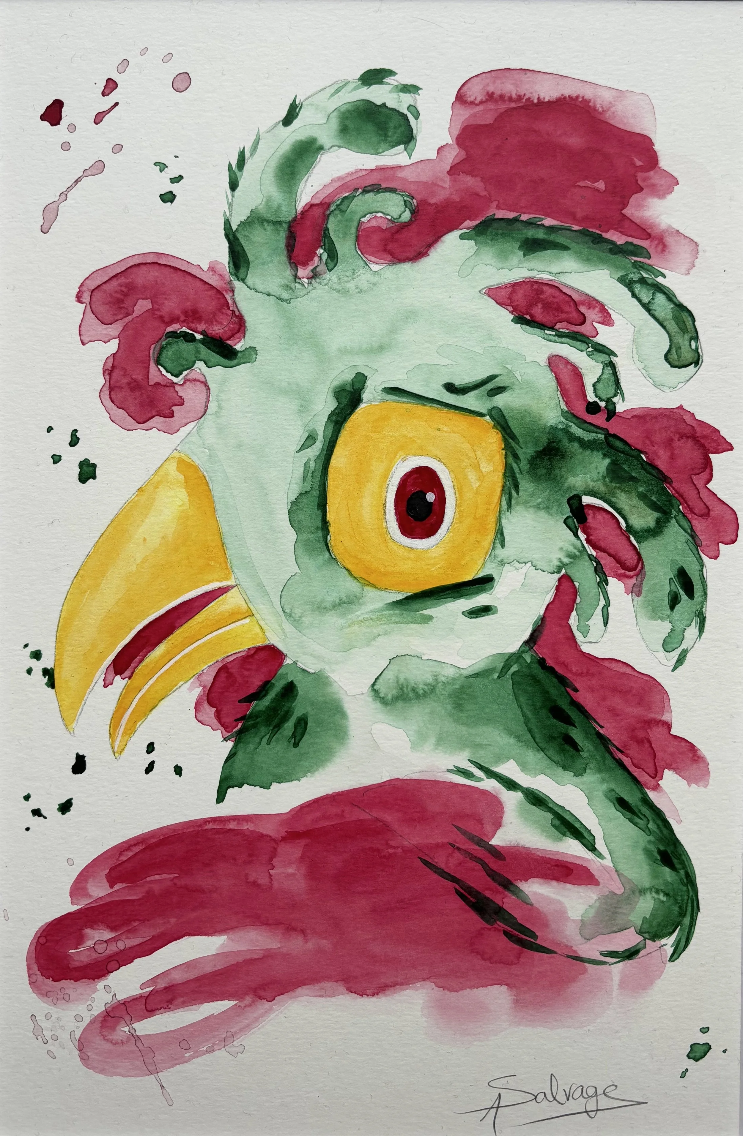 ird VII by Axelle Salvage - Whimsical green and pink watercolor bird with yellow beak - Watercolor on paper - 2025