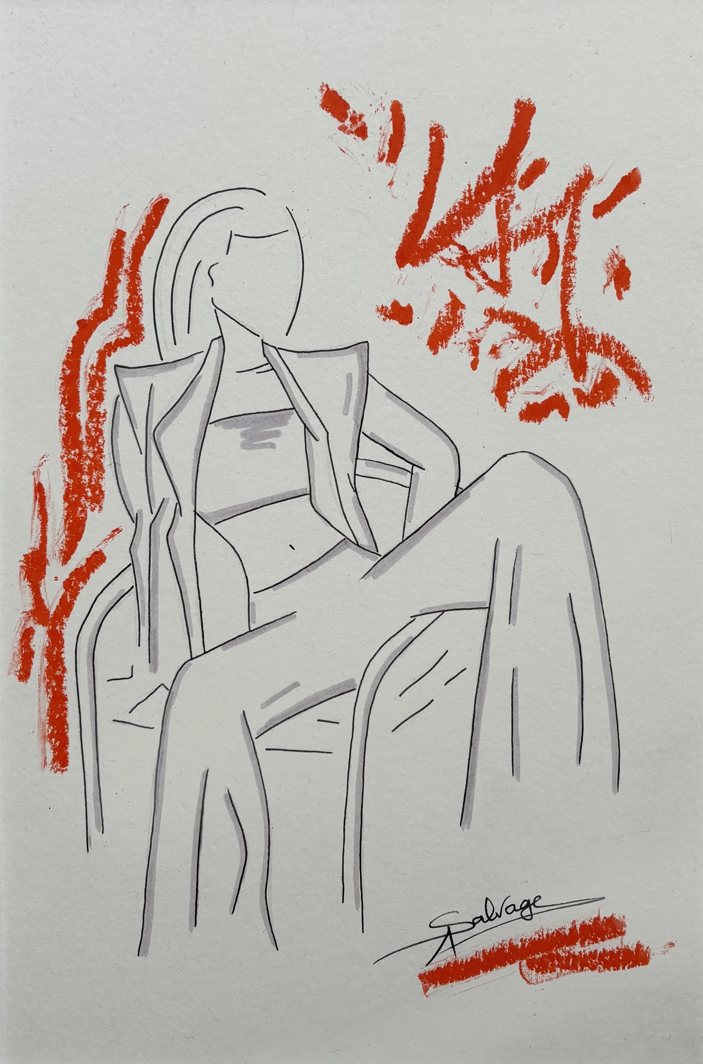 Girl II by Axelle Salvage - Mirrored pen sketch of seated woman with red-orange oil pastel bursts on white background - Mixed media on paper - 2025