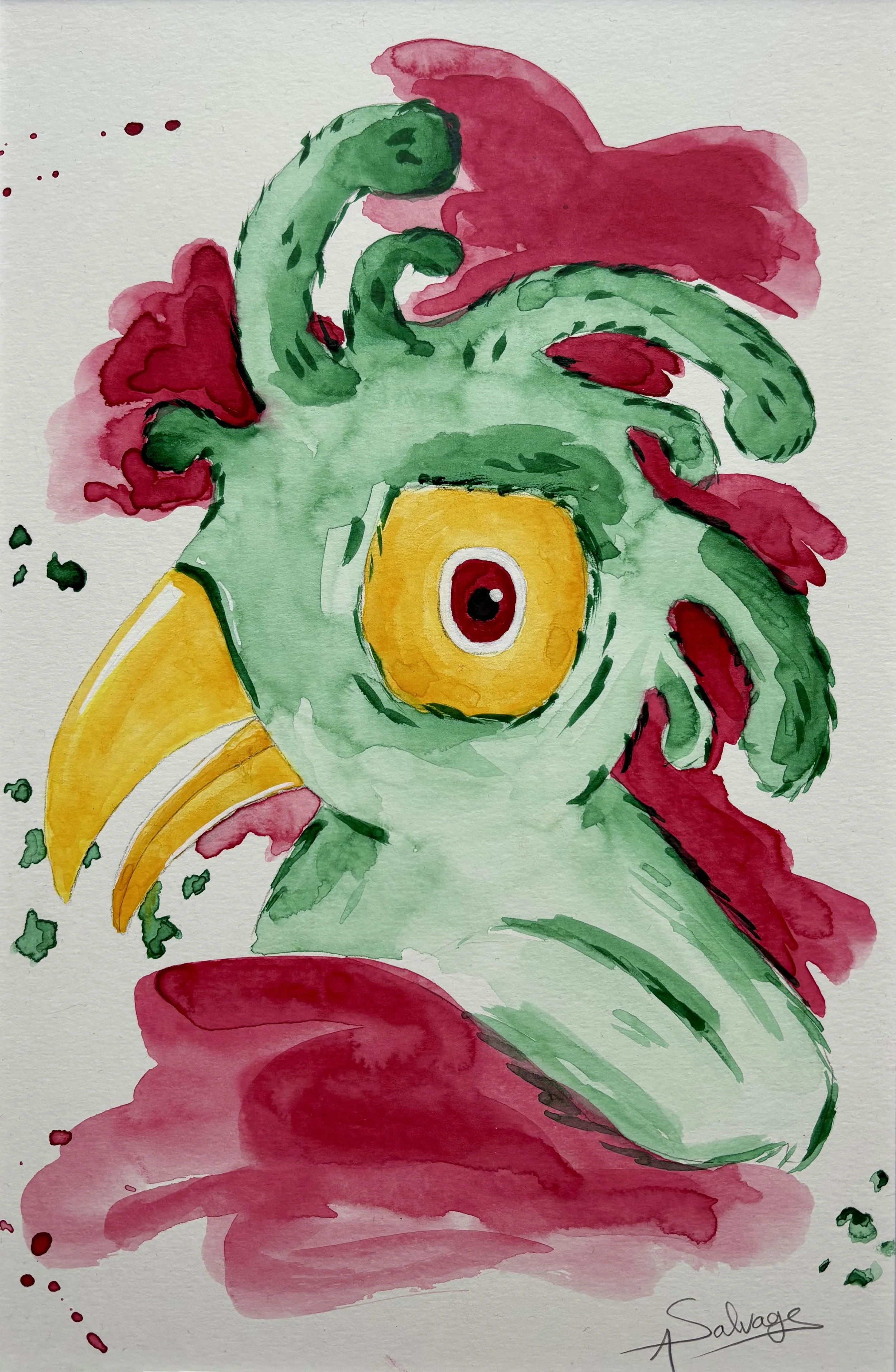 Bird IX by Axelle Salvage - Dynamic green bird with upward-flowing pink plumage in watercolor - Watercolor on paper - 2025