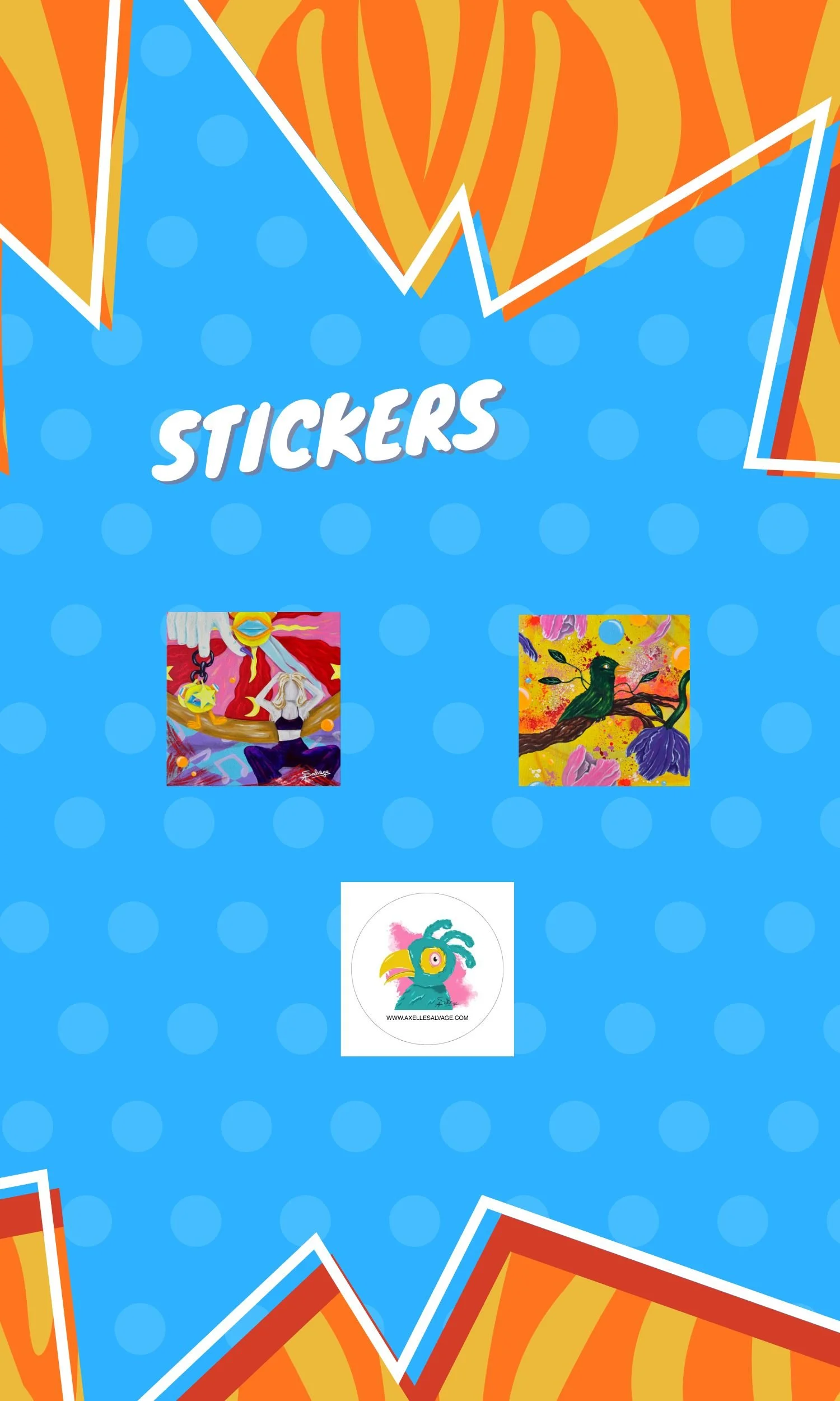 Axelle Salvage Art Bundle featuring A4 print, two postcards with Moonlight and Pippin designs, collectible stickers, and artistic magnets