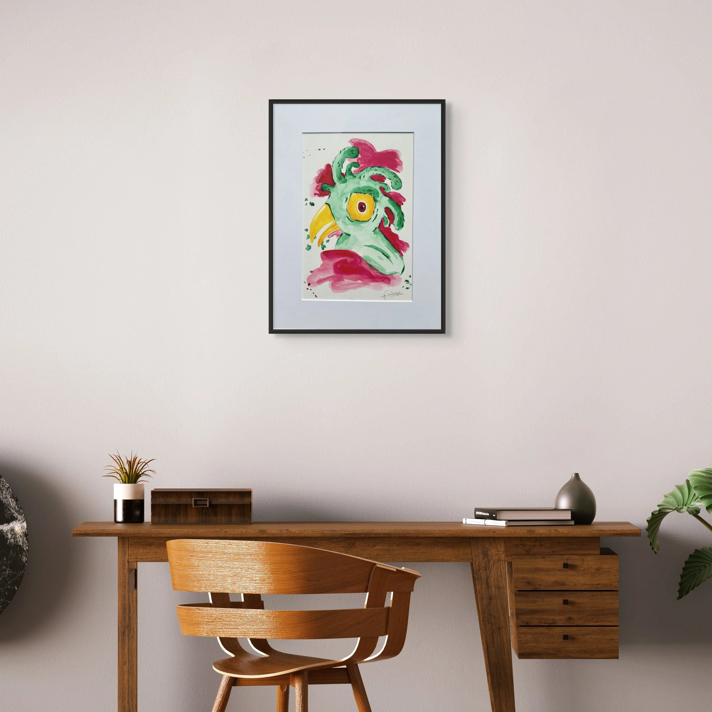 Bird IX by Axelle Salvage - Dynamic green bird with upward-flowing pink plumage in watercolor - Watercolor on paper - 2025