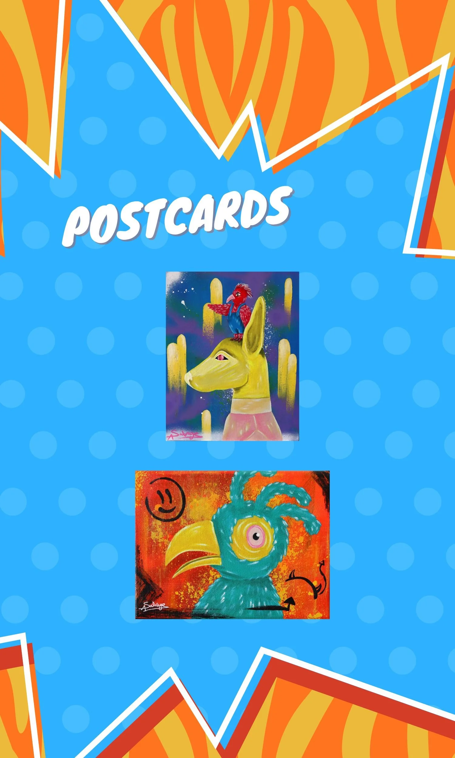 Axelle Salvage Art Bundle featuring A4 print, two postcards with Moonlight and Pippin designs, collectible stickers, and artistic magnets