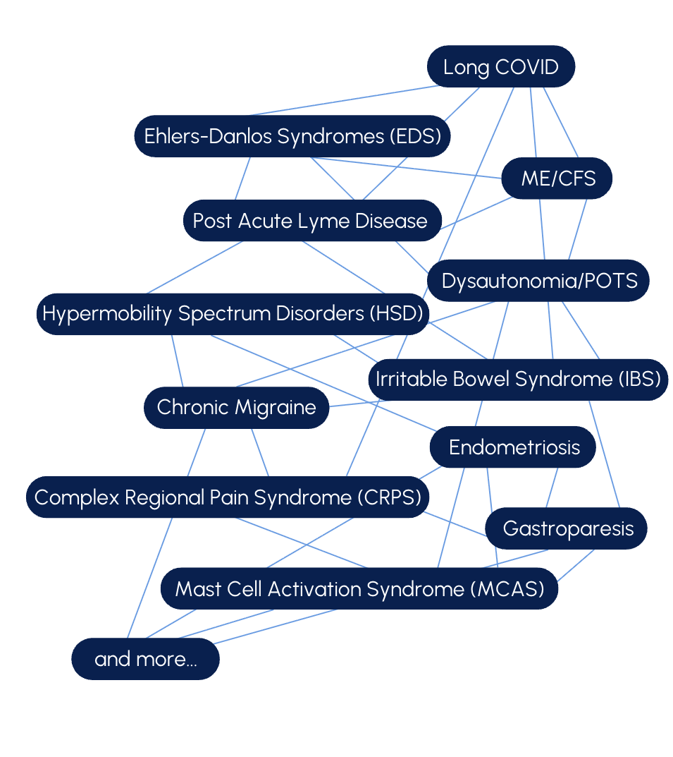 A network diagram showing links between various medical conditions, including Long COVID, Ehlers-Danlos Syndromes, Post Acute Lyme Disease, Hypermobility Spectrum Disorders, Chronic Migraine, and others.