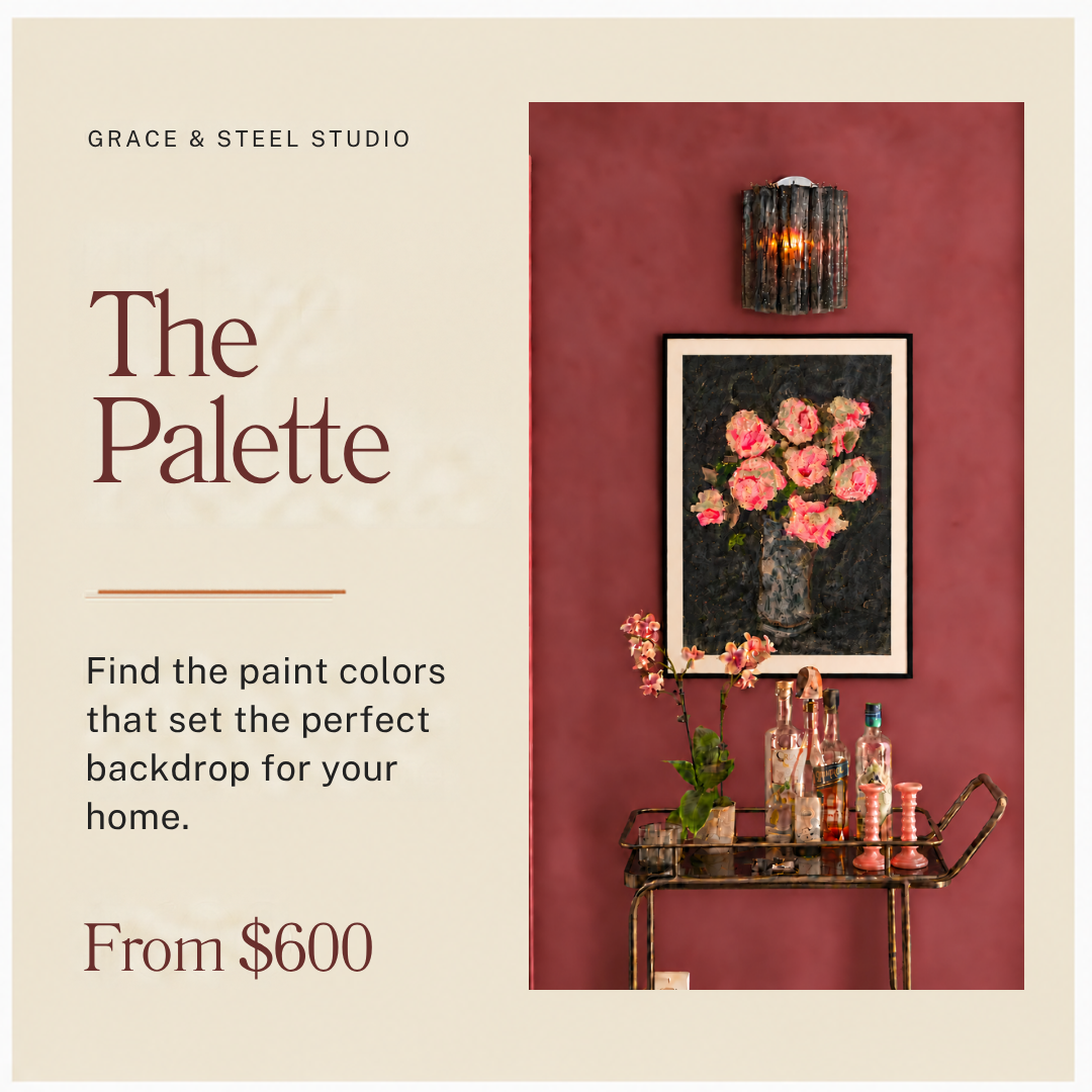 Advertisement for Grace & Steel Studio featuring a pink painted wall with a framed floral painting, a wall sconce, a vintage bar cart with bottles and flowers, and text about finding paint colors for home decor starting from $600.