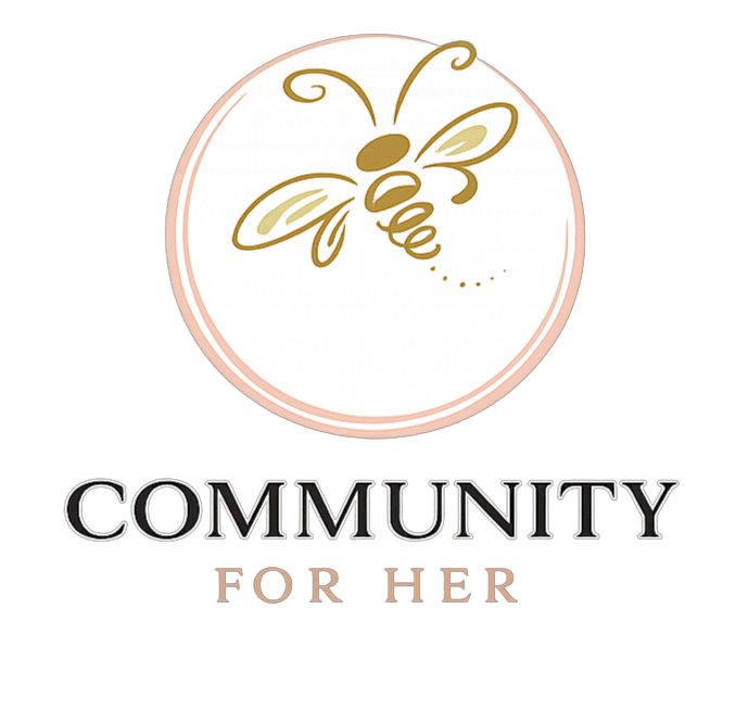 Community for Her logo featuring a rose gold bee symbol representing empowerment, community, and growth.