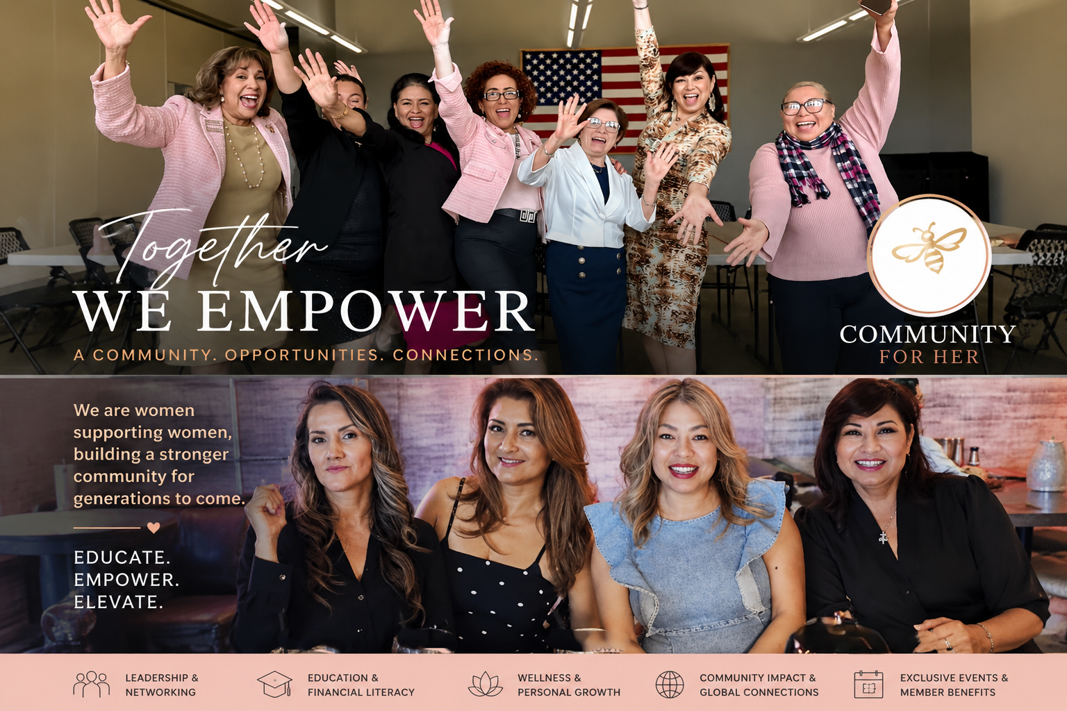 Group of diverse women smiling and raising their hands together in a community gathering space with an American flag in the background. The overlay text reads 'Together We Empower' with a logo of a bee and a tagline for women community support.