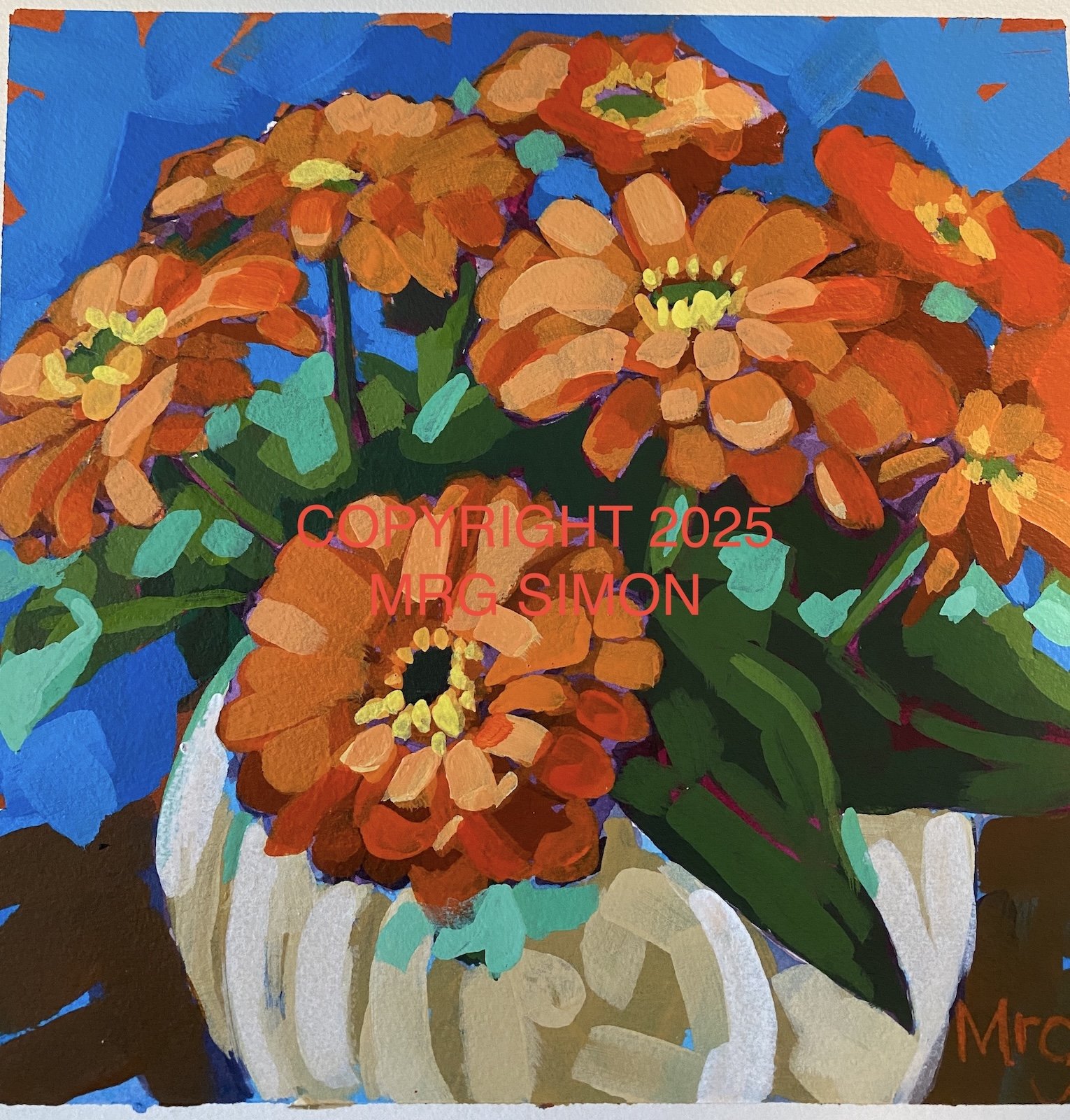 Zinnias in Vase acrylic painting