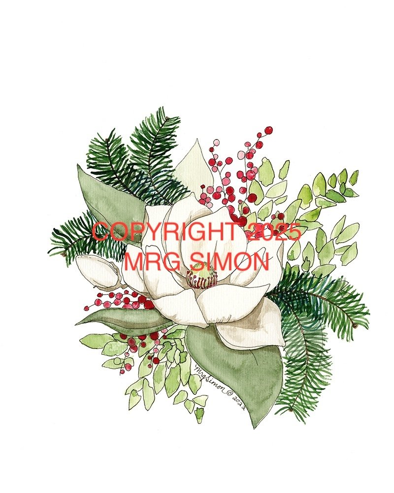 Christmas Magnolia Watercolor LG PRINT FRAMED