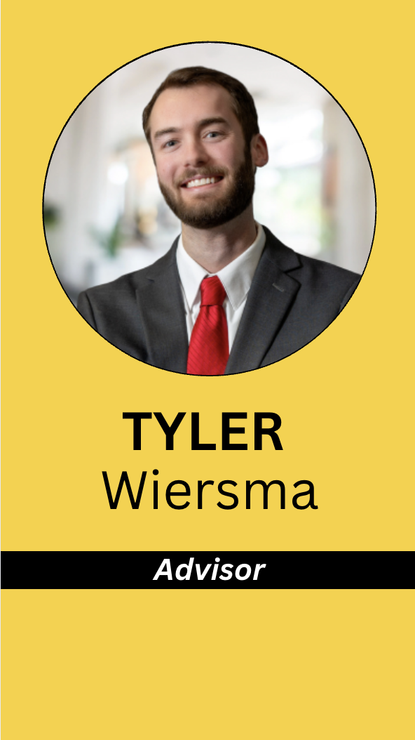Business card featuring a headshot of a man in a suit with a red tie, the name Tyler Wiersma, and the title Advisor on a yellow background.