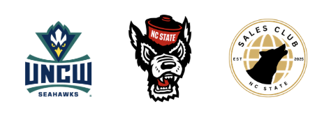 Three logos: UNC Wilmington Seahawks, NC State wolfdog, and NC State sales club circle emblem.