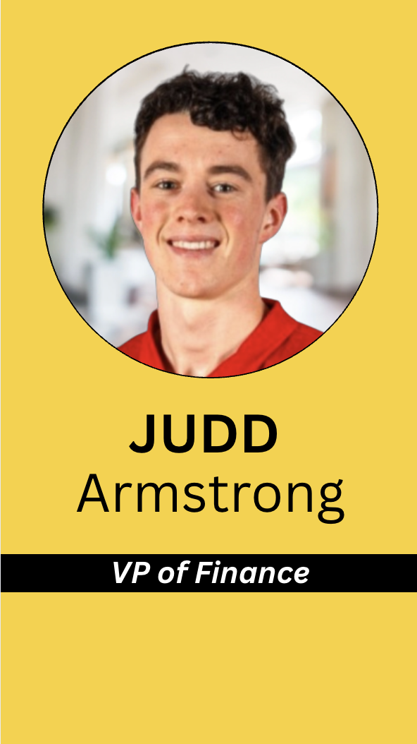 Business card with a portrait of Judd Armstrong, VP of Finance, on a yellow background.