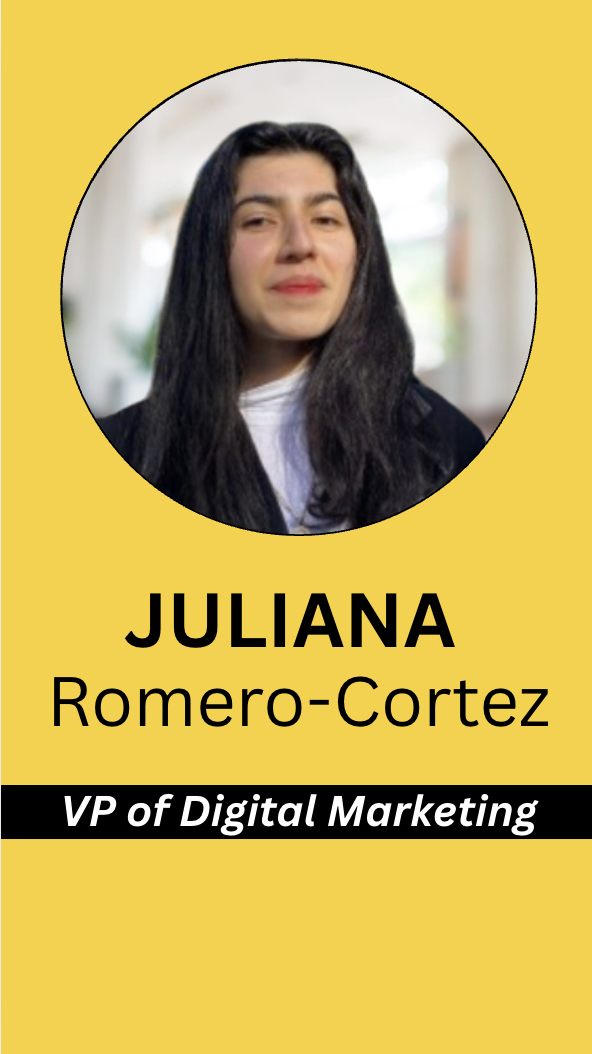 Business card with a photo of Juliana Romero-Cortez, VP of Digital Marketing, on a yellow background.