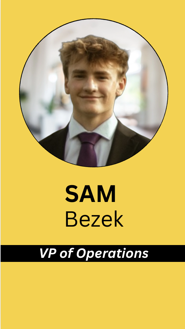Name tag with a photo of a young man wearing a suit and tie, labeled as Sam Bezek, VP of Operations, on a yellow background.
