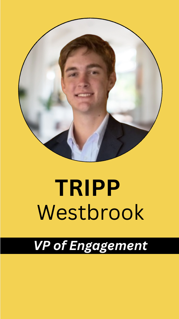 Name tag with photo of a young man in a suit, yellow background, black and white text that reads "TRIPP Westbrook VP of Engagement".