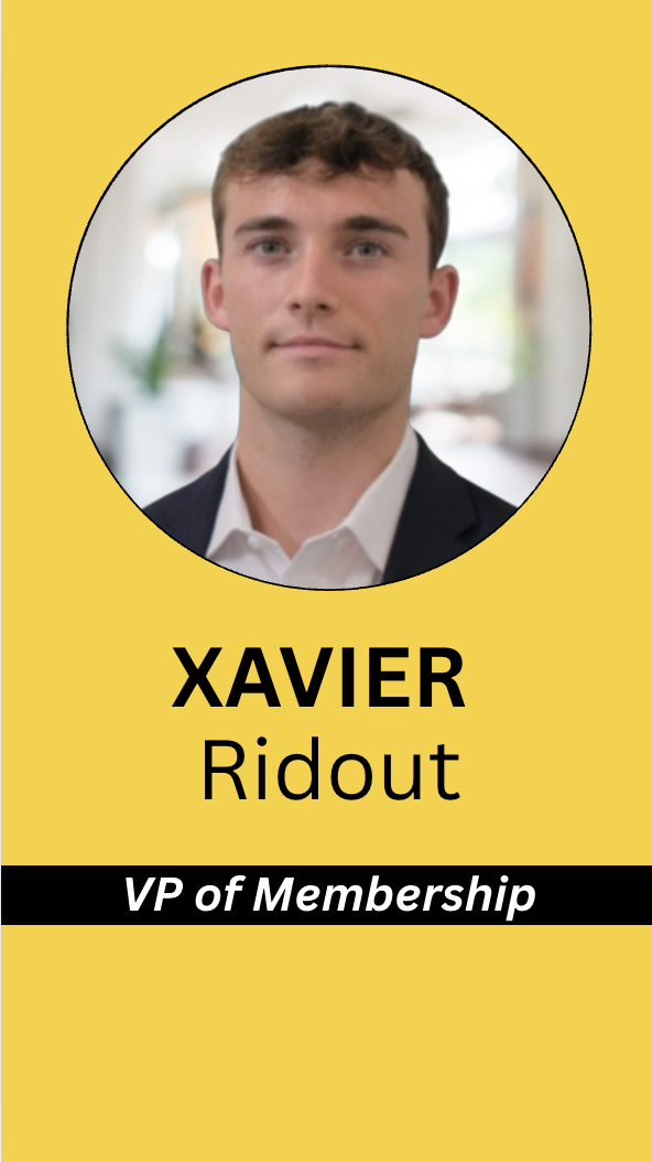 Name tag for Xavier Ridout with his photo, title VP of Membership, mounted on a yellow background.