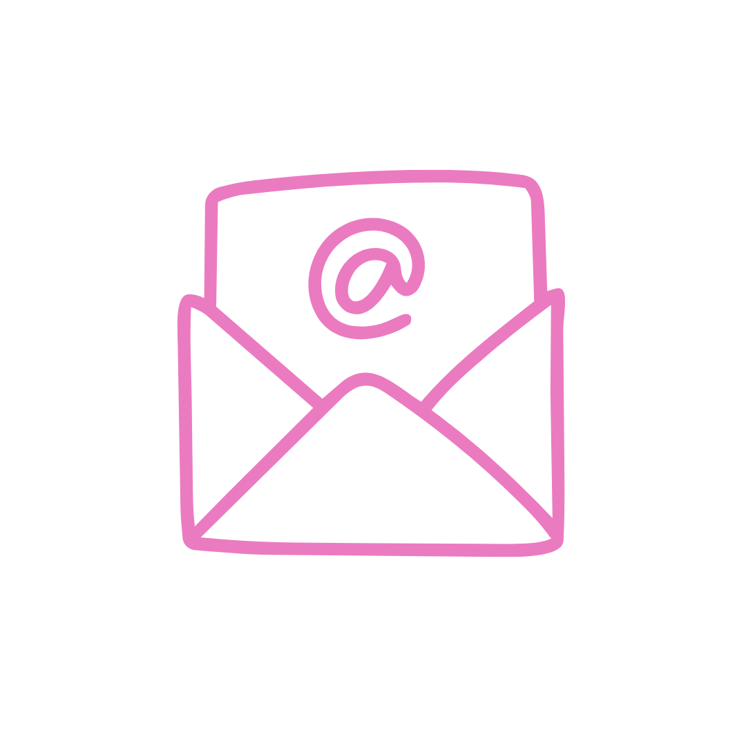 Neon pink outline of an open envelope with an @ symbol inside, representing email or electronic messaging.