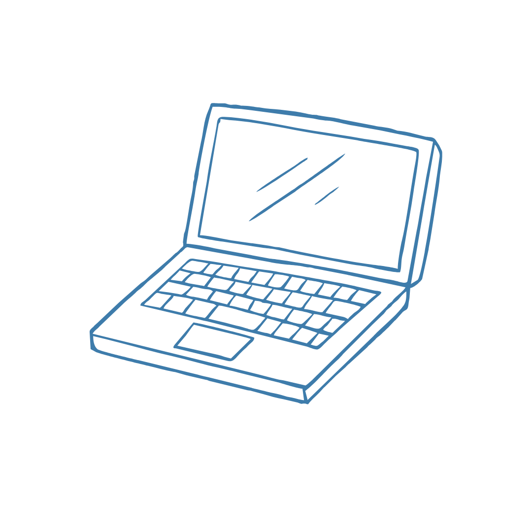 Outline drawing of a laptop with a black screen and visible keyboard on a black background.