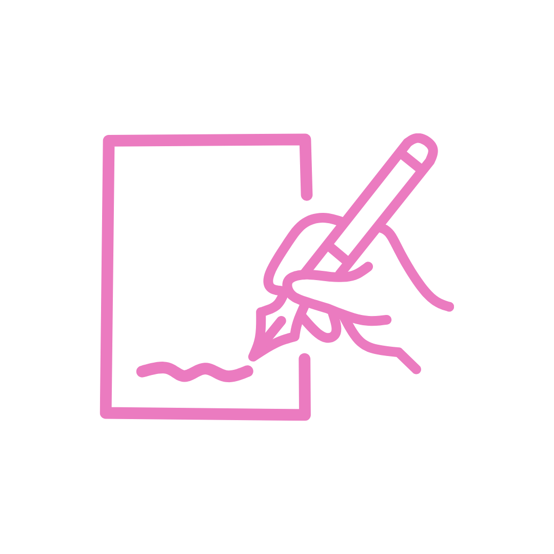 A hand holding a pen writing on a document, illustrated in pink outlines on a black background.