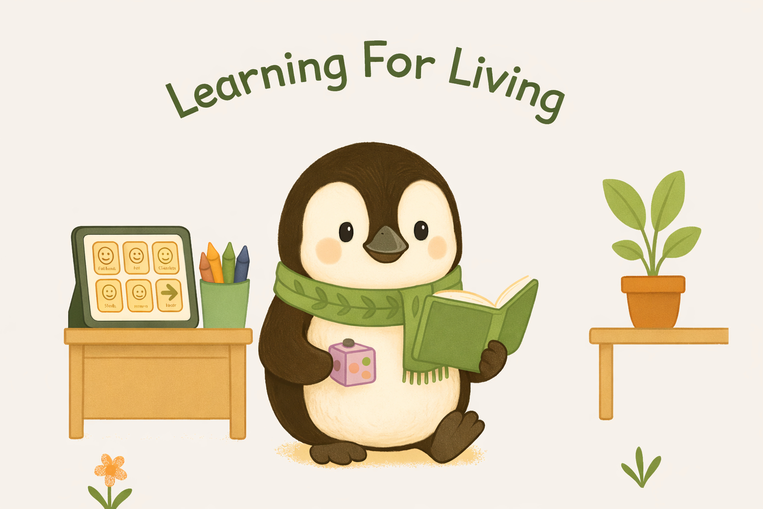 "Learning for Living". Penguin reading and holding a fidget toy. Alternative communication tablet and crayons in the background.