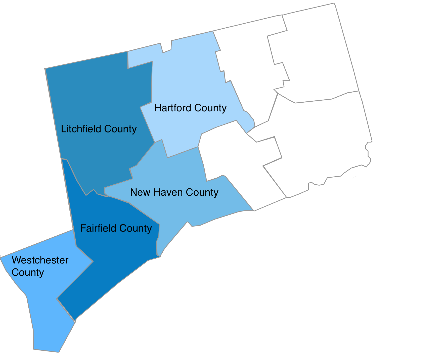 Map of the Connecticut counties of Fairfield, Hartford, Litchfield, and New Haven and Westchester County, New York