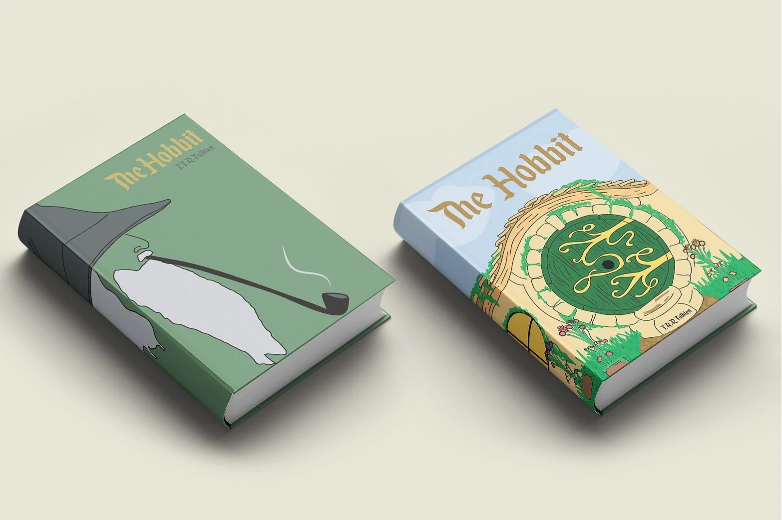 Two "The Hobbit" books with different illustrated covers, one featuring a wizard with a pipe, and the other depicting the Shire entrance.