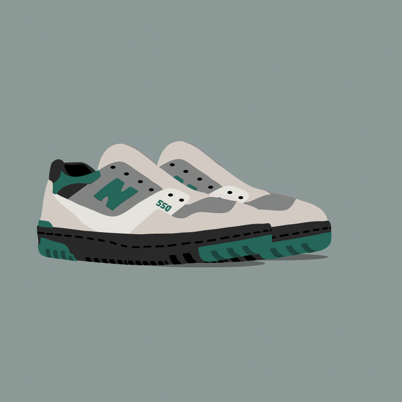 Illustrated sneakers with green and gray accents on a neutral background.