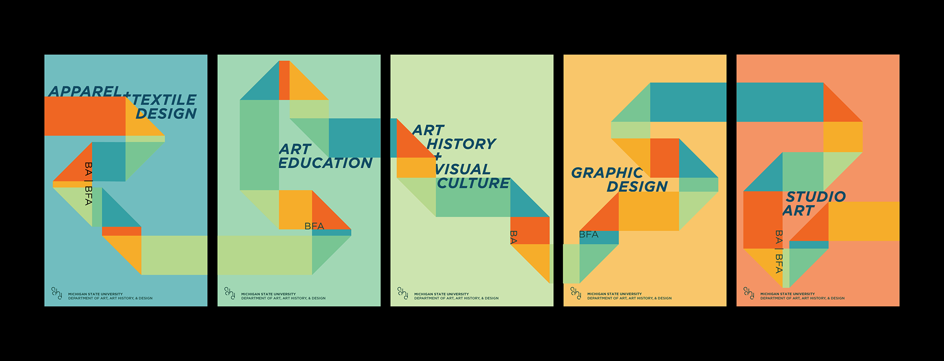 Colorful posters for Michigan State University's Department of Art, Art History, & Design, showcasing programs: Apparel + Textile Design, Art Education, Art History + Visual Culture, Graphic Design, Studio Art.
