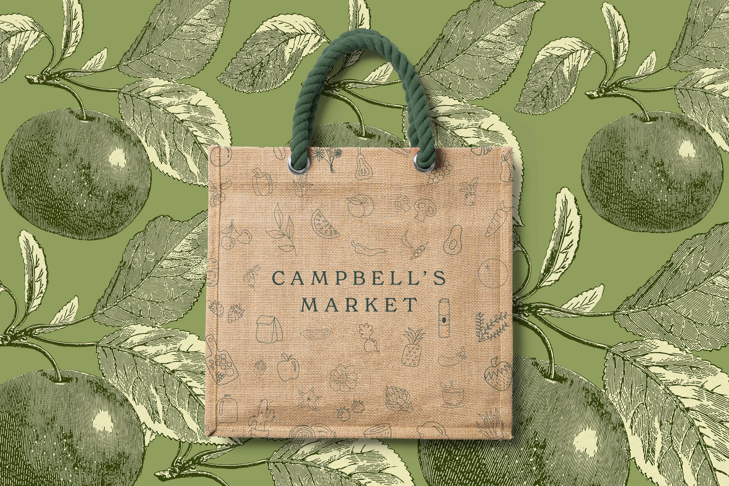 Green-themed illustration with a canvas tote bag labeled "Campbell's Market" featuring sketches of fruits and vegetables, set against a background of vintage green apples and leaves.