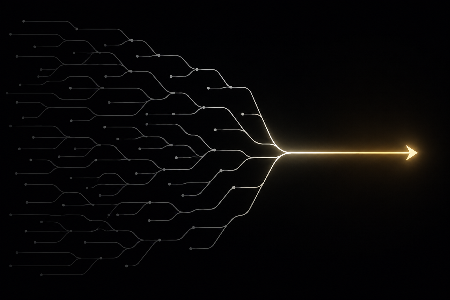 Abstract decision tree illustration with many branching gray pathways converging into a single illuminated arrow, representing strategic judgment and focused decision-making.