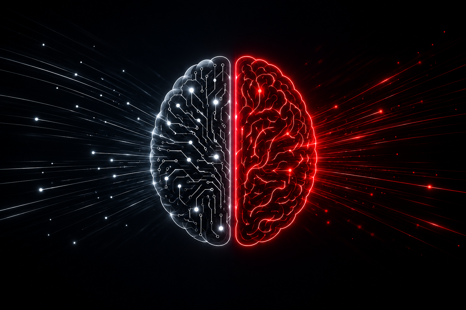 Abstract illustration of a split brain with one half made of glowing digital circuits and the other half organic, symbolizing the relationship between artificial intelligence and human judgmen