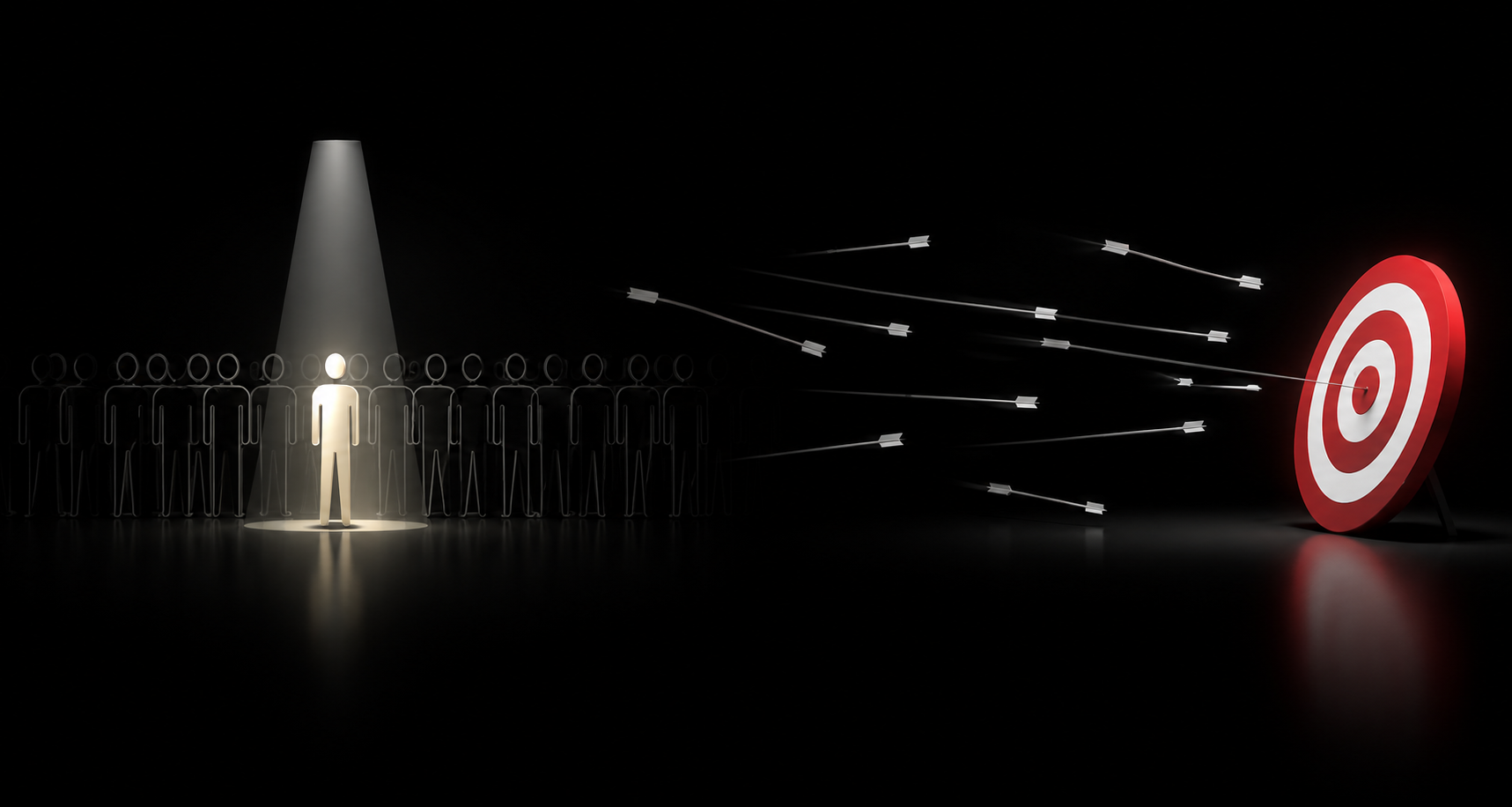 Spotlight highlighting one person in a crowd beside arrows flying toward a target, representing audience targeting and media strategy.