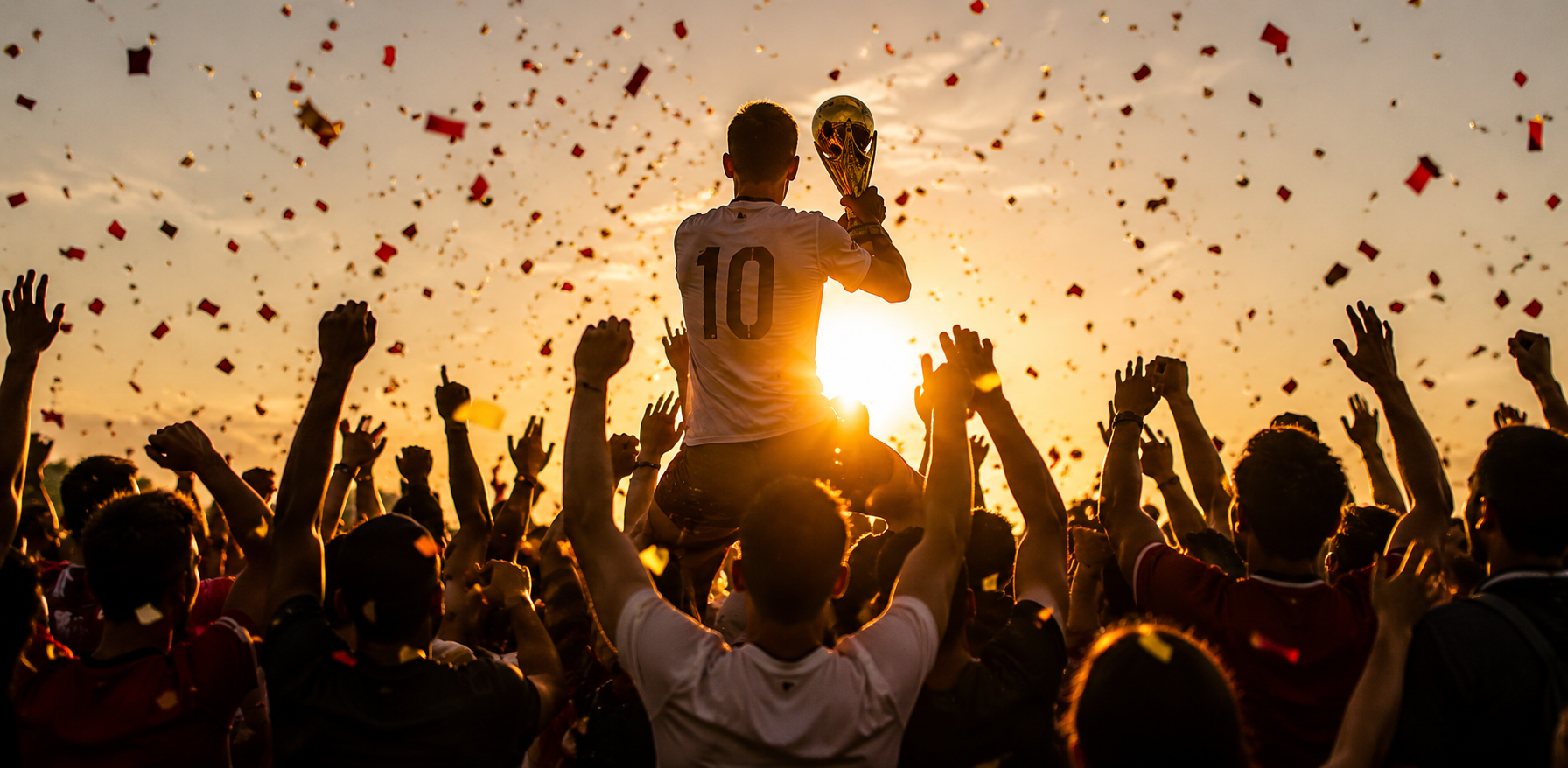 Soccer player wearing number 10 raises the World Cup trophy above a cheering crowd as confetti falls at sunset.
