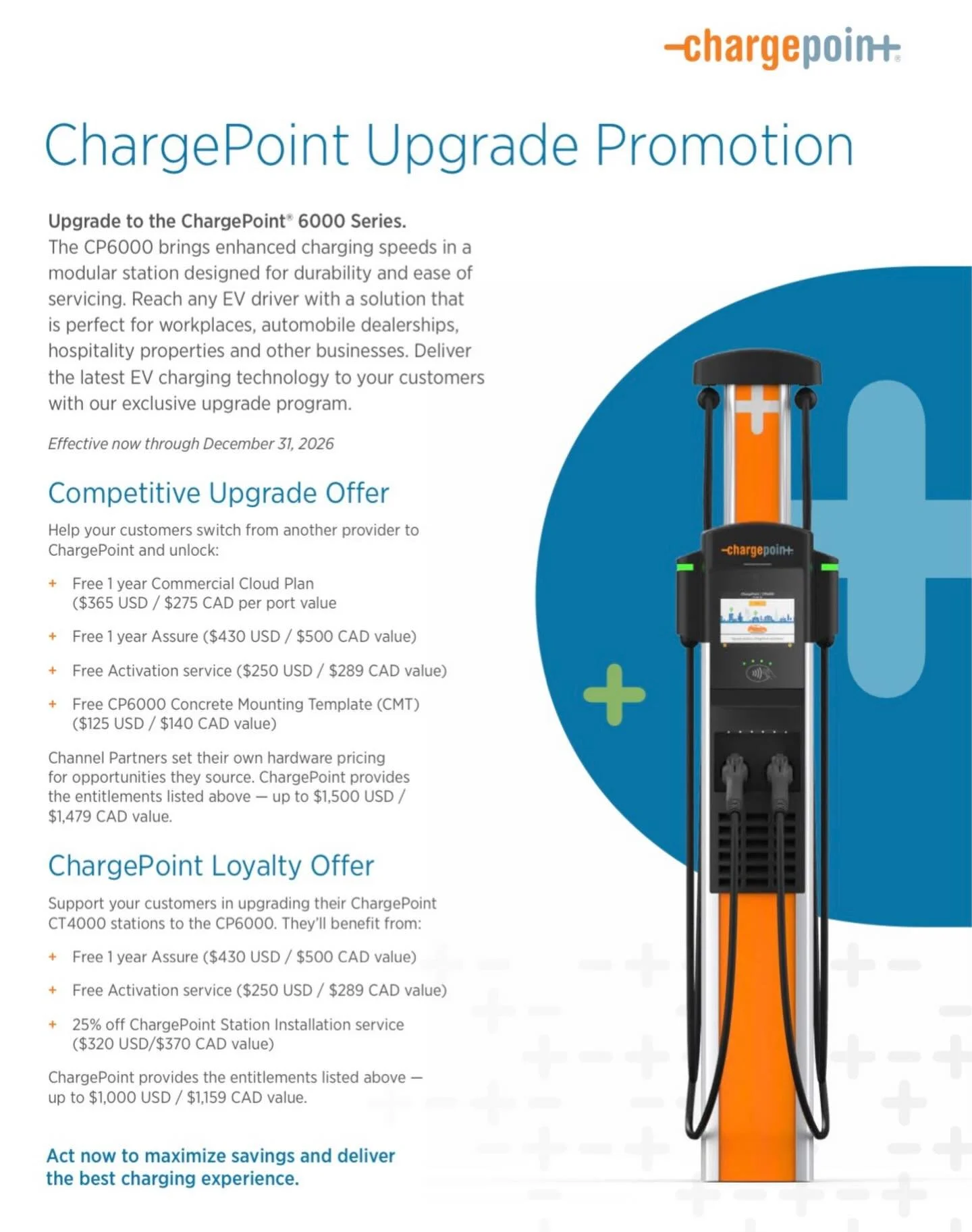 @chargepoint is running a great promotion to upgrade your CT4000 station to a new, faster, modular CP6000.
Get a free year of Assure, a free year of cloud service, and free activation!
#evcharging⚡️ #electriccars