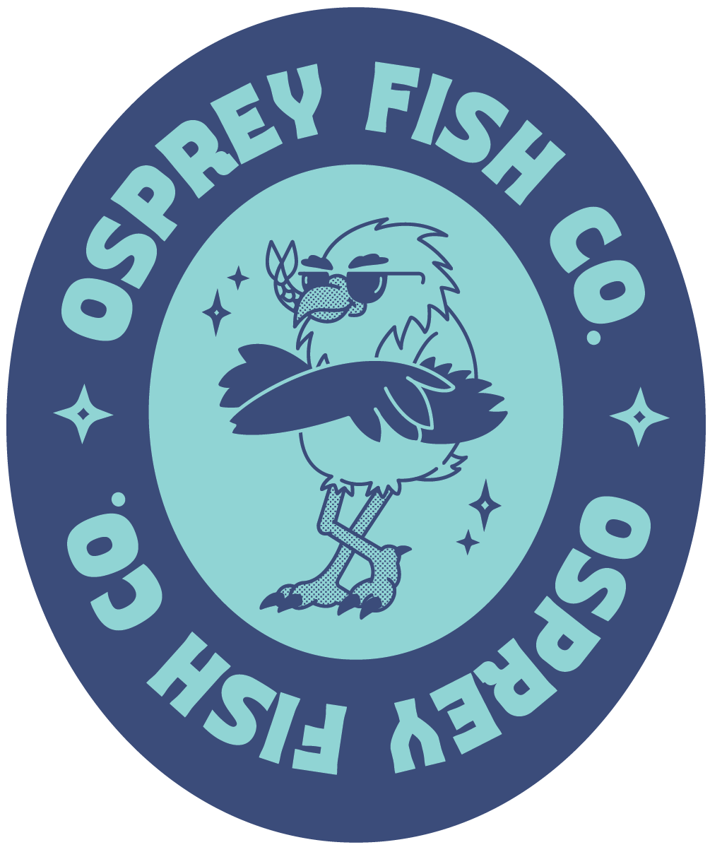 Logo of Osprey Fish Co. featuring a cartoon bird with sunglasses and a seafood claw in its beak, set in a circular design with decorative stars.