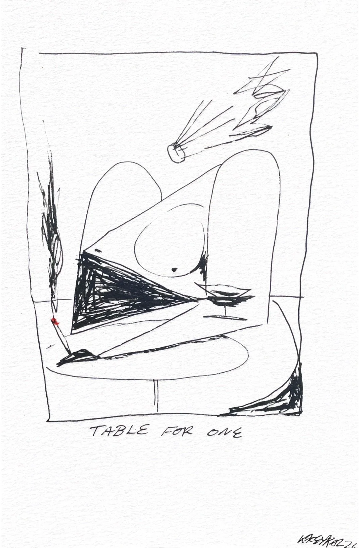 Table for One, 5.5 x 8.5 in, Acrylic marker on watercolor paper, SOLD