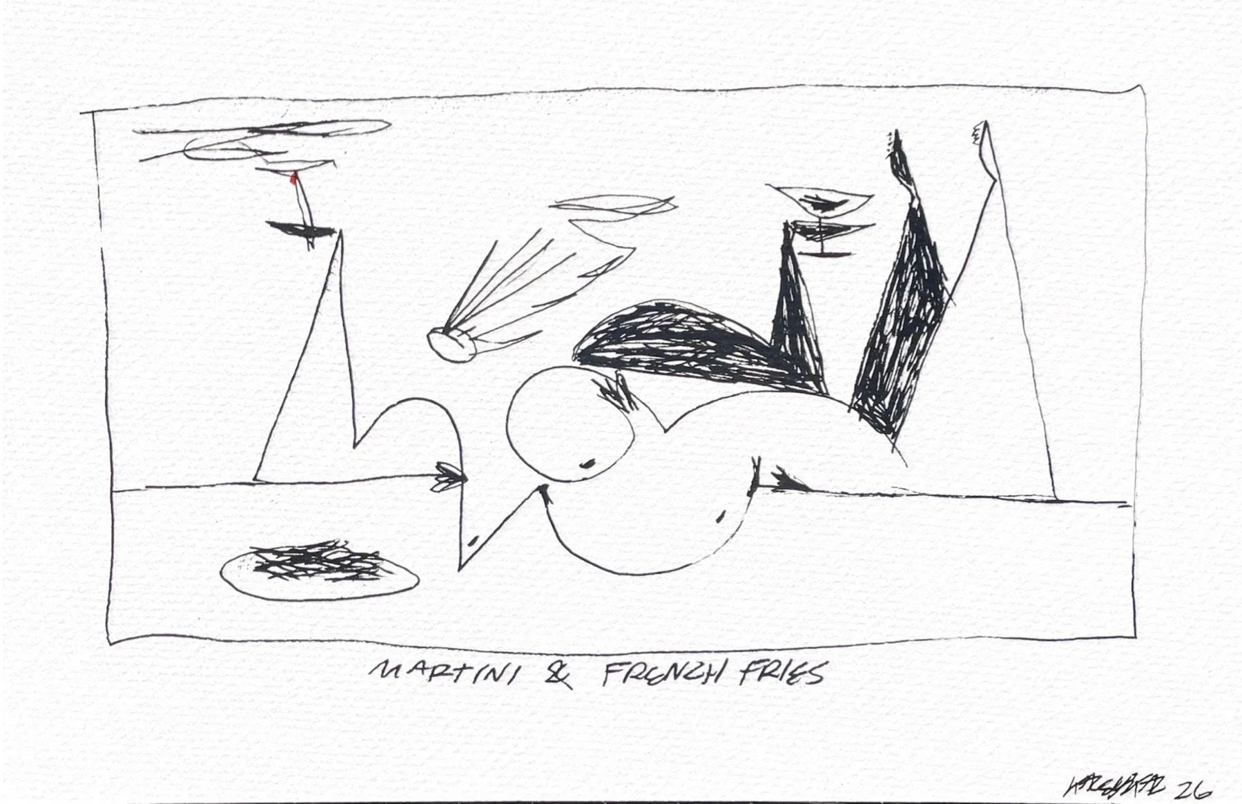 Martini & French Fries, 8.5 x 5.5 in, Acrylic marker on watercolor paper, $400