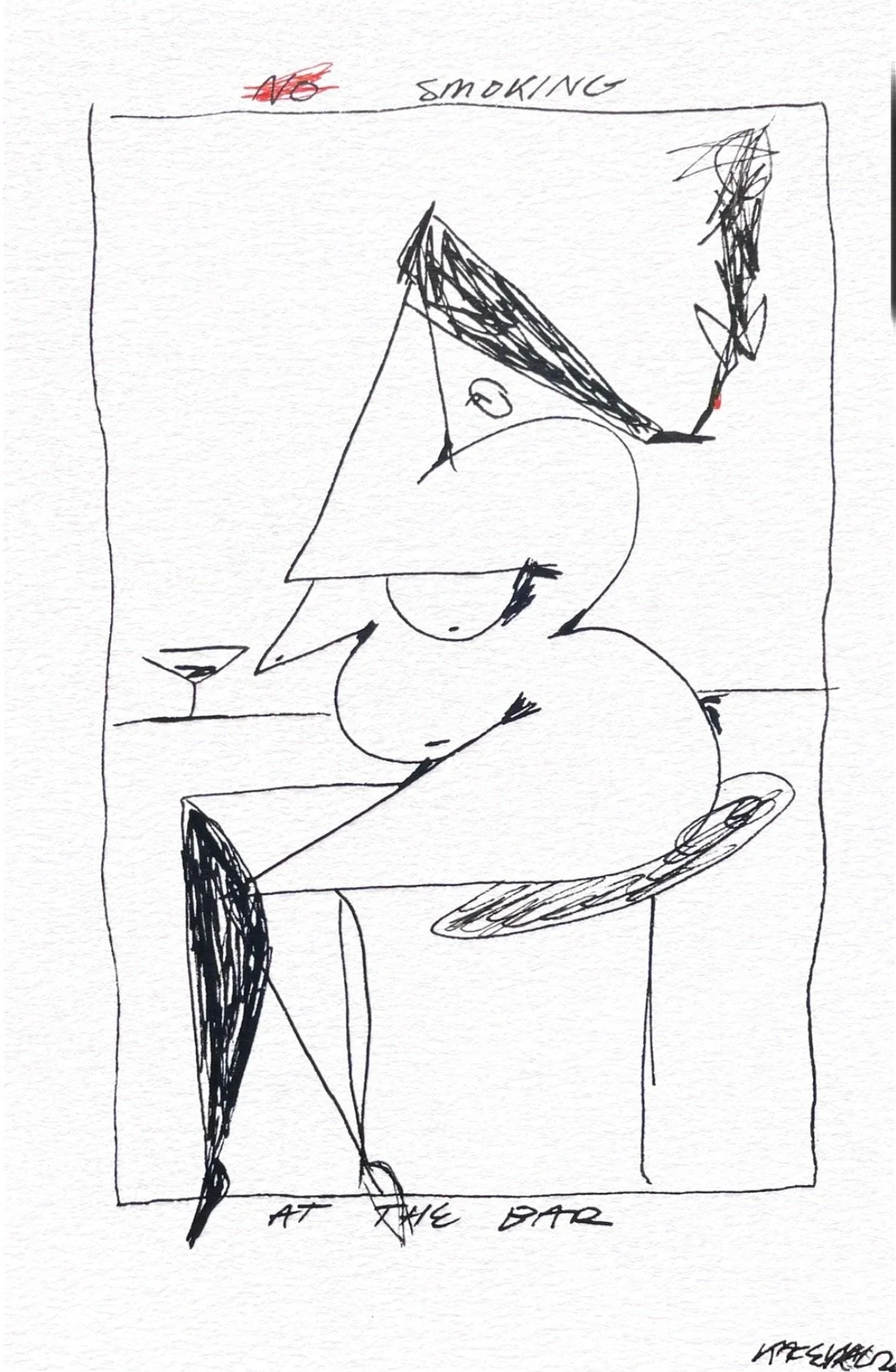 At the Bar, 5.5 x 8.5 in, Acrylic marker on watercolor paper, $400