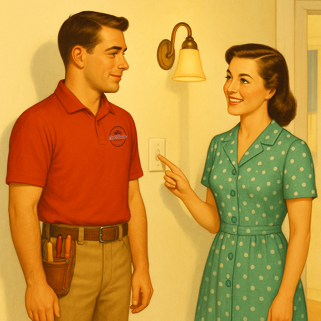 Retro 1950s illustration of an electrician advising a homeowner about an old light switch